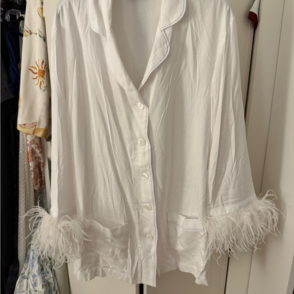 SLEEPER WHITE Feather-trimmed twill PAJAMA TOP OSTRICH FEATHERS